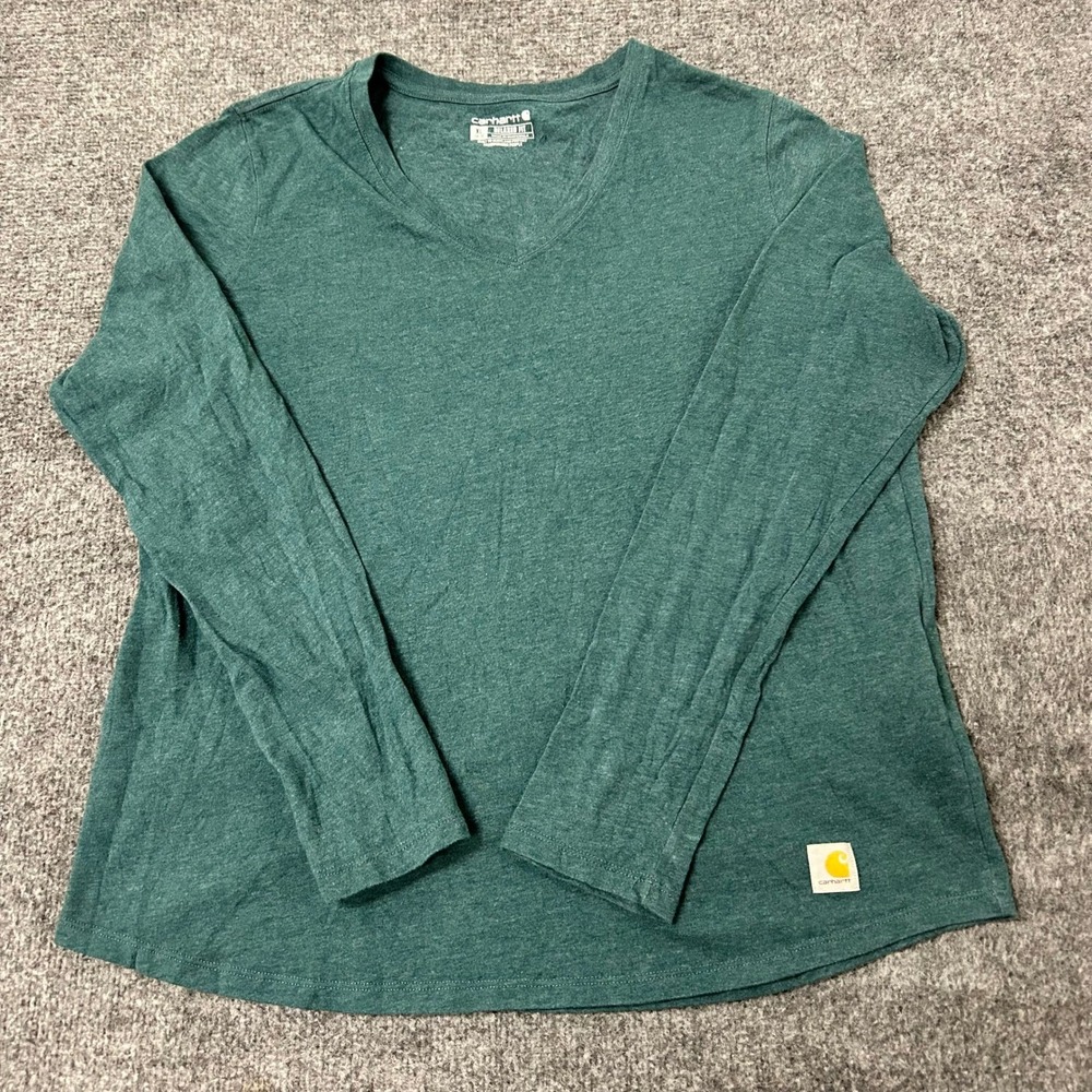 Carhartt Shirt Womens XL Green Relaxed Fit Long Sleeve V-Neck Cotton Blend